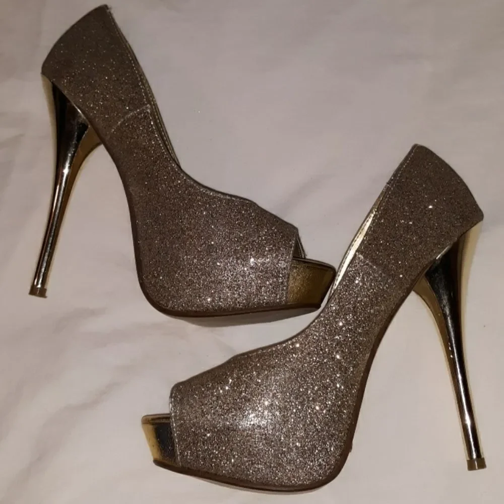 D‎ Brand Metallic Glitter Bling Open Toe Heels 7